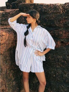 SZ Blockprints Floral Oversized Button Down Shirt Seaside Stripe Blue Small